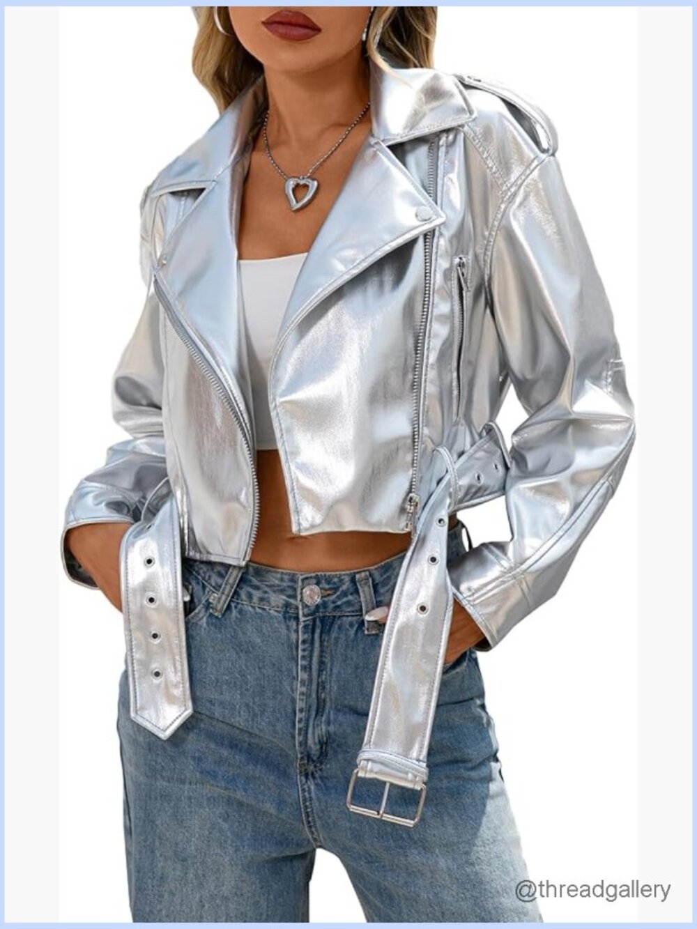 Faux Leather Cropped Jacket with Belt Vegan Motor Biker Coat